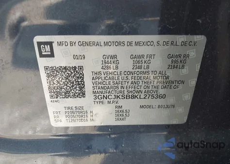 2019 Chevrolet Trax Ls z USA, uszkodzony, nr VIN 3GNCJKSB8KL275360